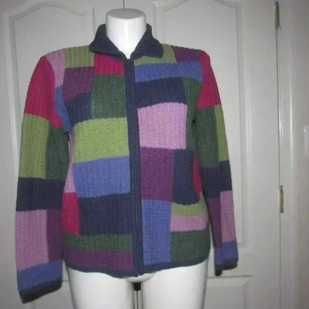 Talbots Patchwork 100% Wool Zip Front Sweater Siz… - image 2